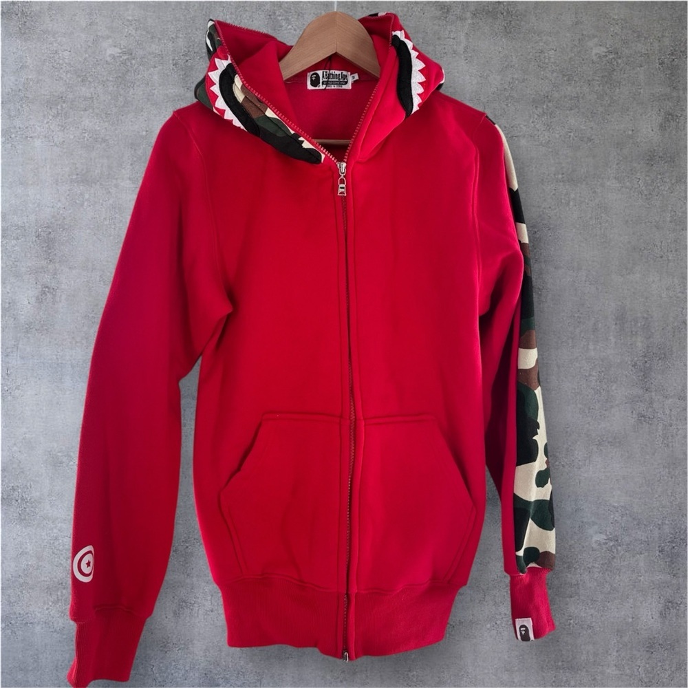 Bape Red Full-Zip Hoodie with Camouflage Sleeve
